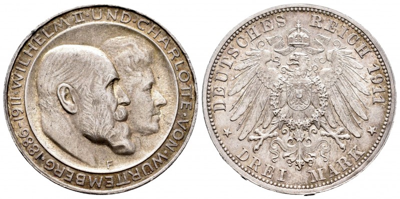 Alemania. Wurttemberg. Wilhelm II. 3 mark. 1911. Stuttgart. F. (Km-636). Ag. 16,...