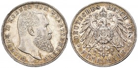 Alemania. Wurttemberg. Wilhelm II. 5 mark. 1908. Stuttgart. F. (Km-632). Ag. 27,81 g. Golpecitos en el canto. MBC+/EBC-. Est...65,00. /// ENGLISH: Ger...