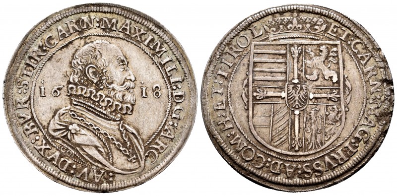Austria. Maximilian III. 1 thaler. 1618. Hall. (Dav-3324). Ag. 28,49 g. EBC-. Es...