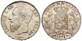 Bélgica. Leopold II. 5 francs. 1873. (Km-24). Ag. 24,97 g. Restos de brillo original. MBC+/EBC+. Est...45,00. /// ENGLISH: Belgium. Leopold II. 5 fran...