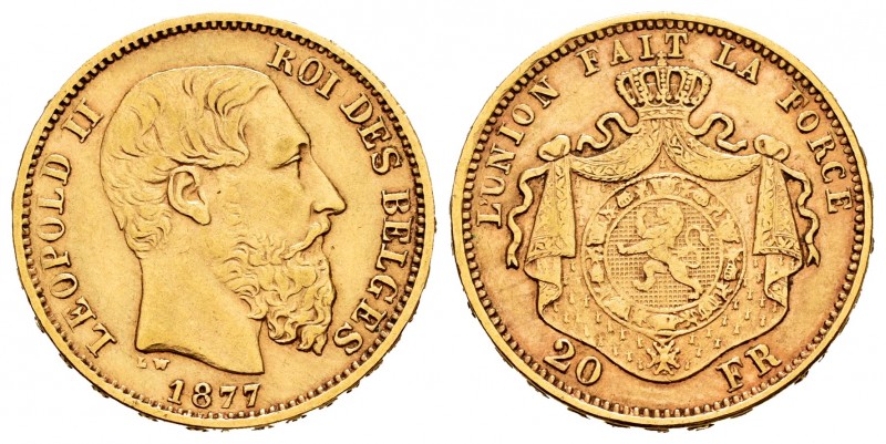 Bélgica. Leopold II. 20 francs. 1877. (Km-37). (Fried-412). Au. 6,42 g. MBC+. Es...