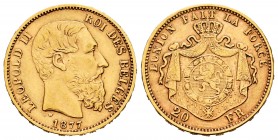 Bélgica. Leopold II. 20 francs. 1877. (Km-37). (Fried-412). Au. 6,42 g. MBC+. Est...300,00. /// ENGLISH: Belgium. Leopold II. 20 francs. 1877. (Km-37)...