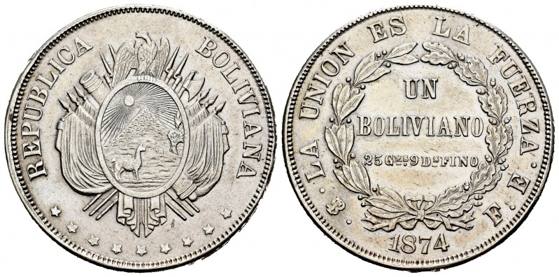 Bolivia. 1 boliviano. 1875. Potosí. FE. (Km-160.1). Ag. 24,78 g. Limpiada. EBC. ...