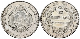 Bolivia. 1 boliviano. 1875. Potosí. FE. (Km-160.1). Ag. 24,78 g. Limpiada. EBC. Est...50,00. /// ENGLISH: Bolivia. 1 boliviano. 1875. Potosí. FE. (Km-...