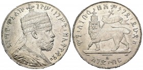 Ethiopía. Menelik II. 1 birr. EE 1887 (1894). París. A. (Km-528,02). Ag. 12,54 g. EBC-. Est...50,00. /// ENGLISH: Ethiopia. Menelik II. 1 birr. EE 188...