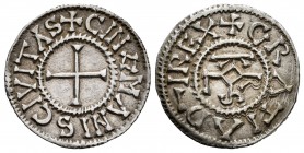 Francia. Acuñaciones Carolingias. Carlos el Calvo (840-877). Denier. Le Mans. (Depeyrot-559). Anv.: +CINOMANIS CIVITAS. Rev.: +GRATIA D-I REX. Ag. 1,7...