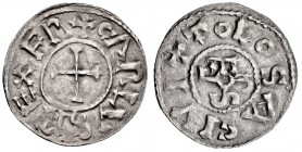 Francia. Carlos el Calvo (840-877). Denier. Toulouse. (Mg-1102). Anv.:  + CΛRLVS REX FR, cruz. Rev.: + TOLOSA CIVI, monograma del rey. Ag. 1,50 g. MBC...