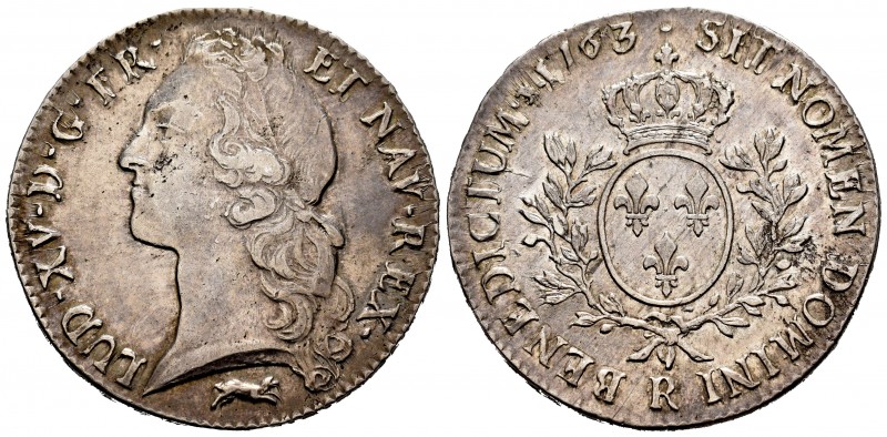 Francia. Luis XV. 1 ecu. 1763. Orleans. R. (Km-523.18). Ag. 29,43 g. Buen ejempl...