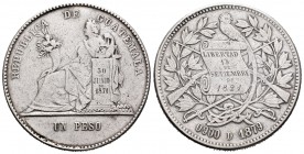 Guatemala. 1 peso. 1879. D. (Km-201). Ag. 24,79 g. Muy rara. BC+. Est...120,00. /// ENGLISH: Guatemala. 1 peso. 1879. D. (Km-201). Ag. 24,79 g. Very r...