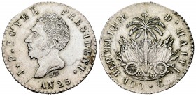 Haití. 100 centimes. AN 26 (1829). (Km-A23). Ag. 9,89 g. Muy escasa en esta cosnervación. MBC+. Est...90,00. /// ENGLISH: Haiti. 100 centimes. AN 26 (...
