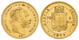 Hungría. Franz Joseph I. 8 florins - 20 francs. 1879. (Km-455.1). Au. 6,42 g. Rayitas en anverso. MBC+. Est...300,00. /// ENGLISH: Hungary. Franz Jose...
