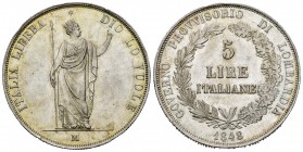 Italia. Lombardía. 5 lire. 1848. Milán. M. Governo Provvisorio. (Km-C22.2). (Pagani-213). Ag. 24,97 g. Restos de brillo original. EBC+. Est...150,00. ...