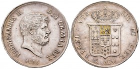 Italia. Nápoles y Sicilia. Ferdinando II. 120 grana. 1859. (Km-370). (Pagani-222). (Mont-804). Ag. 27,42 g. Golpes en el canto. EBC. Est...60,00. /// ...