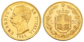 Italia. Umberto I. 20 lire. 1882. Roma. R. (Km-21). (Mont-16). Au. 6,48 g. EBC+. Est...300,00. /// ENGLISH: Italy. Umberto I. 20 lire. 1882. Rome. R. ...