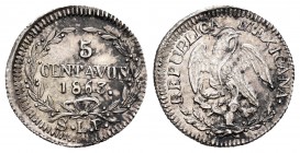 México. 5 centavos. 1863. San Luis de Potosí. SLP. (Km-398.8). Ag. 1,34 g. Brillo original. Rara en esta conservación. EBC+. Est...500,00. /// ENGLISH...