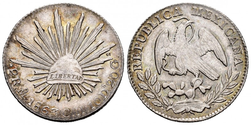 México. 2 reales. 1863. México. CH. (Km-374.10). Ag. 6,69 g. EBC-. Est...60,00. ...