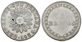 Perú. 2 reales. 1838. Arequipa. (Km-169.2). Ag. 6,51 g. Leyenda AREQ. MBC-/BC+. Est...30,00. /// ENGLISH: Peru. 2 reales. 1838. Arequipa. (Km-169.2). ...