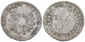 Perú. 4 reales. 1838. Arequipa. MV. (Km-172). Ag. 13,85 g. Leyenda AREQ. BC+. Est...40,00. /// ENGLISH: Peru. 4 reales. 1838. Arequipa. MV. (Km-172). ...