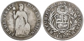 Perú. 4 reales. 1836. Arequipa. M. (Km-151.2). Ag. 12,71 g. Leyenda AREQ. BC+/MBC-. Est...30,00. /// ENGLISH: Peru. 4 reales. 1836. Arequipa. M. (Km-1...