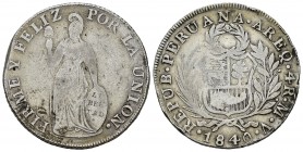 Perú. 4 reales. 1840. Arequipa. MV. (Km-151.2). Ag. 12,29 g. Leyenda AREQ. Golpecitos en el canto. BC+. Est...30,00. /// ENGLISH: Peru. 4 reales. 1840...