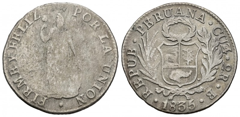 Perú. 2 reales. 1835. Cuzco. B. (Km-141.2a). Ag. 5,65 g. Golpecito en el canto. ...