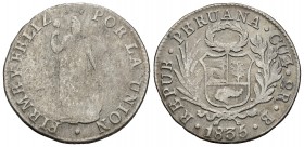 Perú. 2 reales. 1835. Cuzco. B. (Km-141.2a). Ag. 5,65 g. Golpecito en el canto. BC/BC+. Est...15,00. /// ENGLISH: Peru. 2 reales. 1835. Cuzco. B. (Km-...