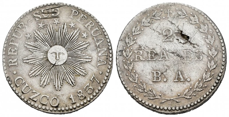 Perú. 2 reales. 1837. Cuzco. BA. (Km-169.1). Ag. 6,52 g. Rayas. MBC+. Est...25,0...