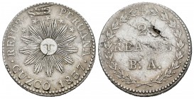 Perú. 2 reales. 1837. Cuzco. BA. (Km-169.1). Ag. 6,52 g. Rayas. MBC+. Est...25,00. /// ENGLISH: Peru. 2 reales. 1837. Cuzco. BA. (Km-169.1). Ag. 6,52 ...