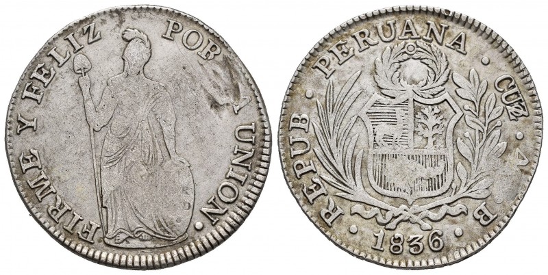 Perú. 4 reales. 1836. Cuzco. B. (Km-151.1). Ag. 12,88 g. Hojas en anverso. BC+. ...