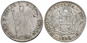 Perú. 4 reales. 1836. Cuzco. B. (Km-151.1). Ag. 12,88 g. Hojas en anverso. BC+. Est...25,00. /// ENGLISH: Peru. 4 reales. 1836. Cuzco. B. (Km-151.1). ...