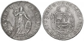 Perú. 8 reales. 1826. Cuzco. G. (Km-142.2). Ag. 27,03 g. Limpiada. EBC-. Est...160,00. /// ENGLISH: Peru. 8 reales. 1826. Cuzco. G. (Km-142.2). Ag. 27...