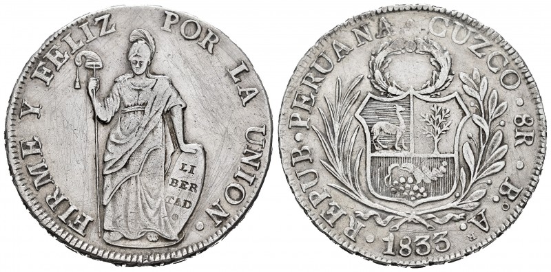 Perú. 8 reales. 1833. Cuzco. BA. (Km-142.4). Ag. 26,49 g.  Rayitas. MBC+. Est......