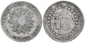 Perú. 8 reales. 1839. Cuzco. MS. (Km-170.4 similar). Ag. 24,89 g. Falsa de época. MBC-. Est...35,00. /// ENGLISH: Peru. 8 reales. 1839. Cuzco. MS. (Km...