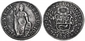 Perú. 8 reales. 1838. Estado Nor Peruano. M. (Km-155). Ag. 26,92 g. Escasa. MBC+. Est...90,00. /// ENGLISH: Peru. 8 reales. 1838. (North Peru). M. (Km...