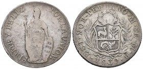 Perú. 8 reales. 1839. Lima. Estado Nor Peruano. MB. (Km-155). Ag. 25,71 g. Golpecitos en el canto. BC+. Est...35,00. /// ENGLISH: Peru. 8 reales. 1839...