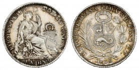 Perú. 1 dinero. 1895. Lima. TF. (Km-204.2). Ag. 2,50 g. Brillo original. EBC+. Est...50,00. /// ENGLISH: Peru. 1 dinero. 1895. Lima. TF. (Km-204.2). A...