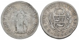 Perú. 2 reales. 1826. Lima. JM. (Km-141.1). Ag. 6,67 g. BC/MBC-. Est...18,00. /// ENGLISH: Peru. 2 reales. 1826. Lima. JM. (Km-141.1). Ag. 6,67 g. F/A...