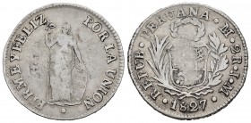 Perú. 2 reales. 1827. Lima. JM. (Km-141.1). Ag. 6,37 g. BC+. Est...18,00. /// ENGLISH: Peru. 2 reales. 1827. Lima. JM. (Km-141.1). Ag. 6,37 g. Choice ...