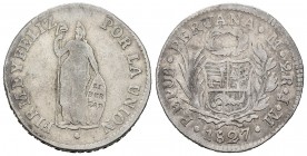 Perú. 2 reales. 1827. Lima. JM. (Km-141.1). Ag. 6,55 g. BC+. Est...18,00. /// ENGLISH: Peru. 2 reales. 1827. Lima. JM. (Km-141.1). Ag. 6,55 g. Choice ...
