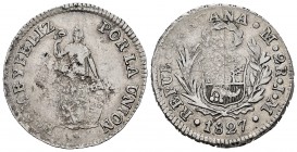 Perú. 2 reales. 1827. Lima. JM. (Km-141.1). Ag. 7,43 g. Dos rayas en reverso. Cuño sucio. BC. Est...18,00. /// ENGLISH: Peru. 2 reales. 1827. Lima. JM...