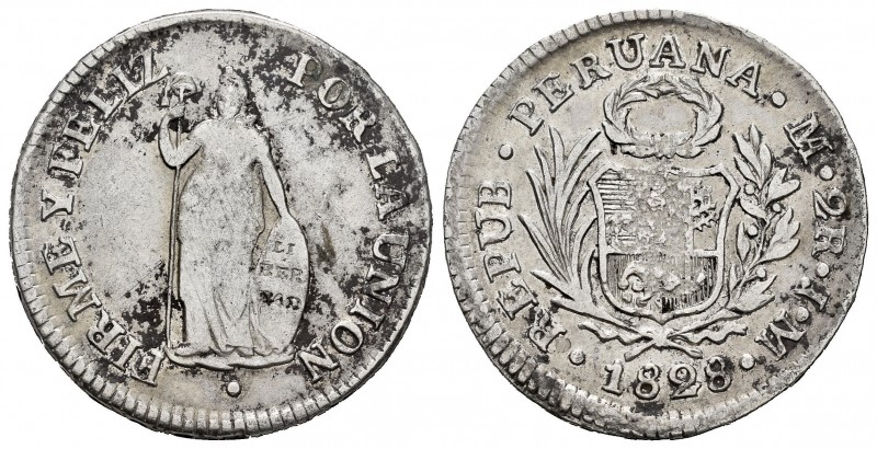 Perú. 2 reales. 1828. Lima. JM. (Km-141.1). Ag. 6,56 g. BC+. Est...25,00. /// EN...