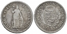 Perú. 2 reales. 1830. Lima. JM. (Km-141.1). Ag. 6,62 g. MBC-. Est...25,00. /// ENGLISH: Peru. 2 reales. 1830. Lima. JM. (Km-141.1). Ag. 6,62 g. Almost...