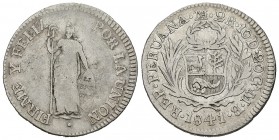 Perú. 2 reales. 1841/0. Lima. MB. (Km-141.3). Ag. 6,54 g. Sobrefecha. Golpecitos en el canto. MBC-. Est...35,00. /// ENGLISH: Peru. 2 reales. 1841/0. ...