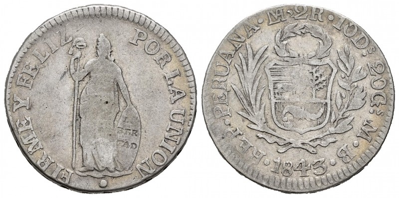 Perú. 2 reales. 1843. Lima. MB. (Km-141.3). Ag. 6,69 g. BC+. Est...18,00. /// EN...