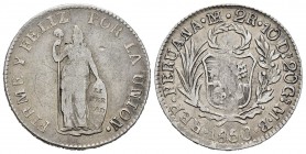 Perú. 2 reales. 1850. Lima. MB. (Km-141.3). Ag. 7,15 g.  Rayitas en anverso. BC+/MBC-. Est...25,00. /// ENGLISH: Peru. 2 reales. 1850. Lima. MB. (Km-1...