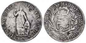 Perú. 2 reales. 1854. Lima. MB. (Km-141.3). Ag. 5,92 g. Raya en anverso. MBC-. Est...25,00. /// ENGLISH: Peru. 2 reales. 1854. Lima. MB. (Km-141.3). A...