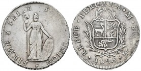 Perú. 8 reales. 1825. Lima. JM. (Km-142.1). Ag. 26,95 g. Golpecitos en el canto. Escasa. MBC. Est...120,00. /// ENGLISH: Peru. 8 reales. 1825. Lima. J...