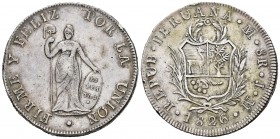 Perú. 8 reales. 1826. Lima. JM. (Km-142.1). Ag. 26,29 g. Escasa. MBC+. Est...150,00. /// ENGLISH: Peru. 8 reales. 1826. Lima. JM. (Km-142.1). Ag. 26,2...