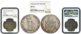 Perú. 8 reales. 1826. Lima. JM. (Km-142.1). Ag. 26,75 g. Encapsulada por NGC como AU 55. MBC+. Est...120,00. /// ENGLISH: Peru. 8 reales. 1826. Lima. ...