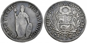 Perú. 8 reales. 1834. Lima. MM. (Km-142.3). Ag. 26,96 g.  Golpecitos en el canto. BC+/MBC. Est...50,00. /// ENGLISH: Peru. 8 reales. 1834. Lima. MM. (...